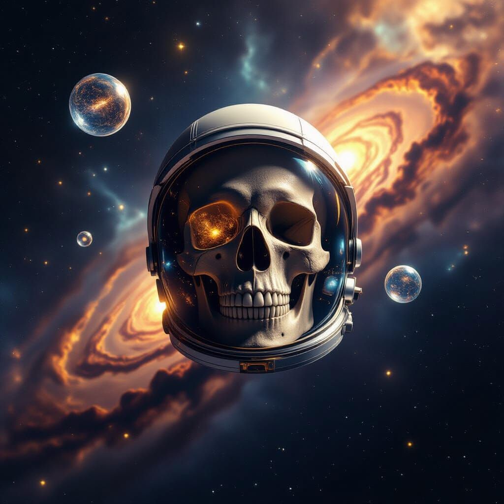 Astronaut Skull Floating in Cosmic Abyss with Knowledge Bubb...