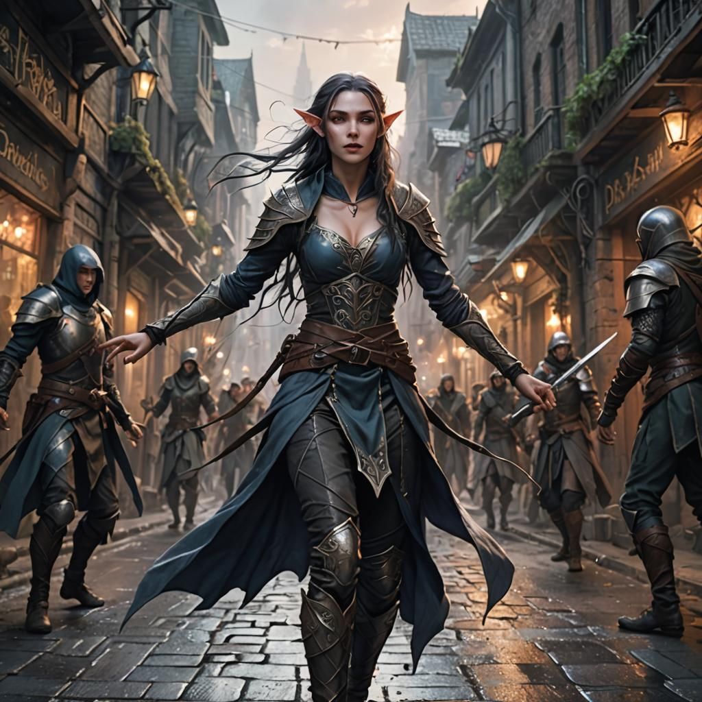 Ethereal Elven Assassin Dances in Twilight City