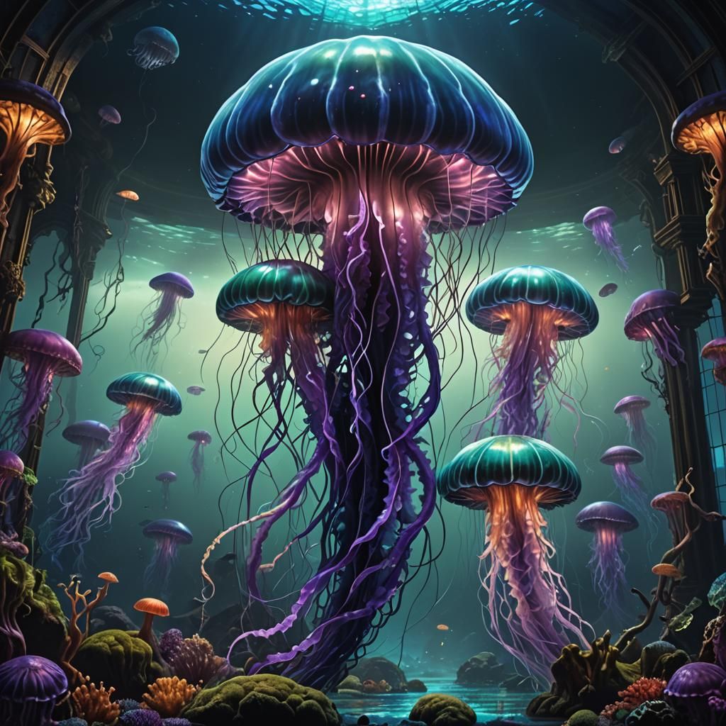 Giant Jellyfish in a Deep Sea Fantasy