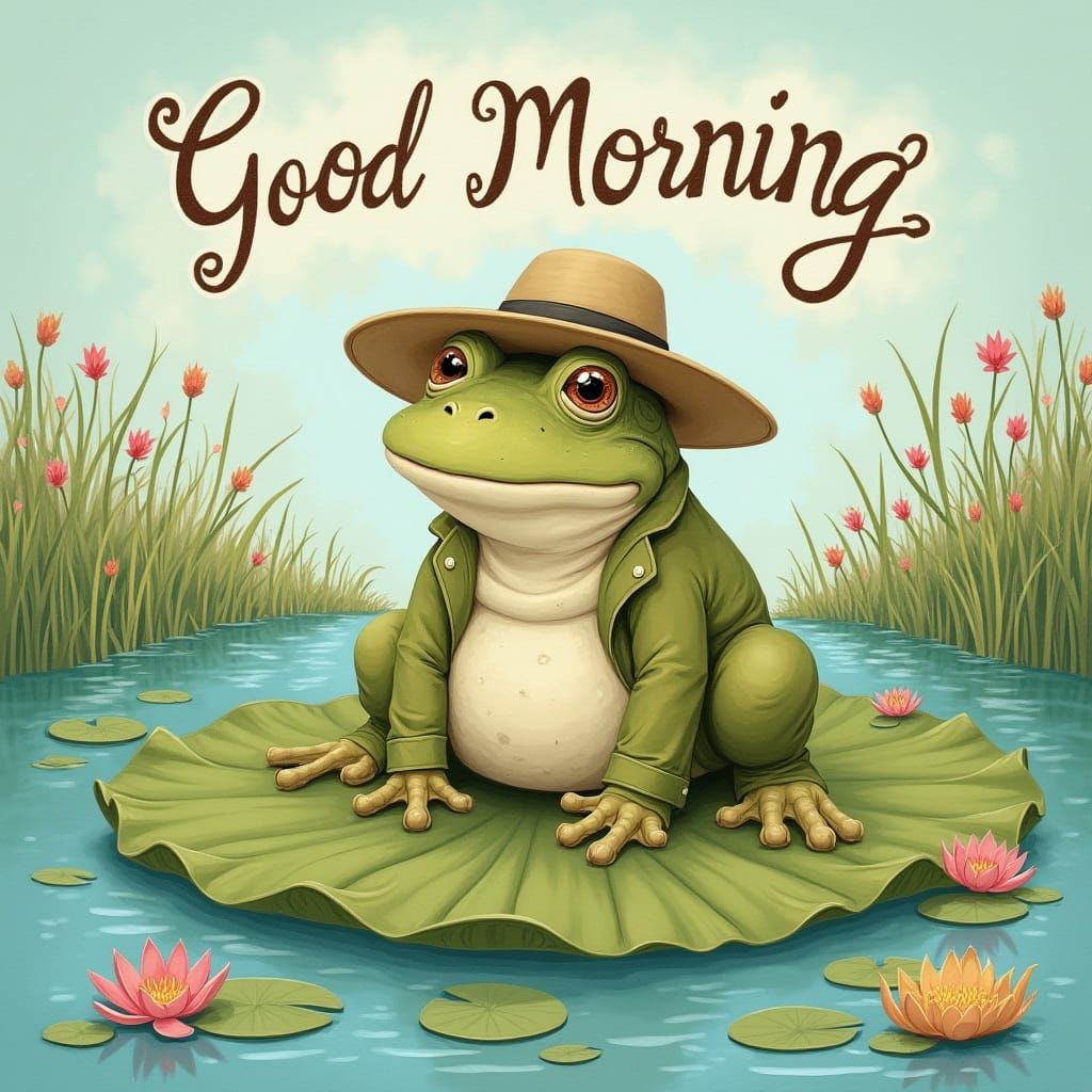 Bullfrog Gentleman in Embroidered Garden, Storybook Style