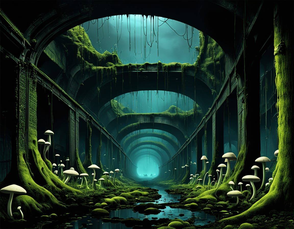 Lush Subway Garden with Bioluminescent Flora