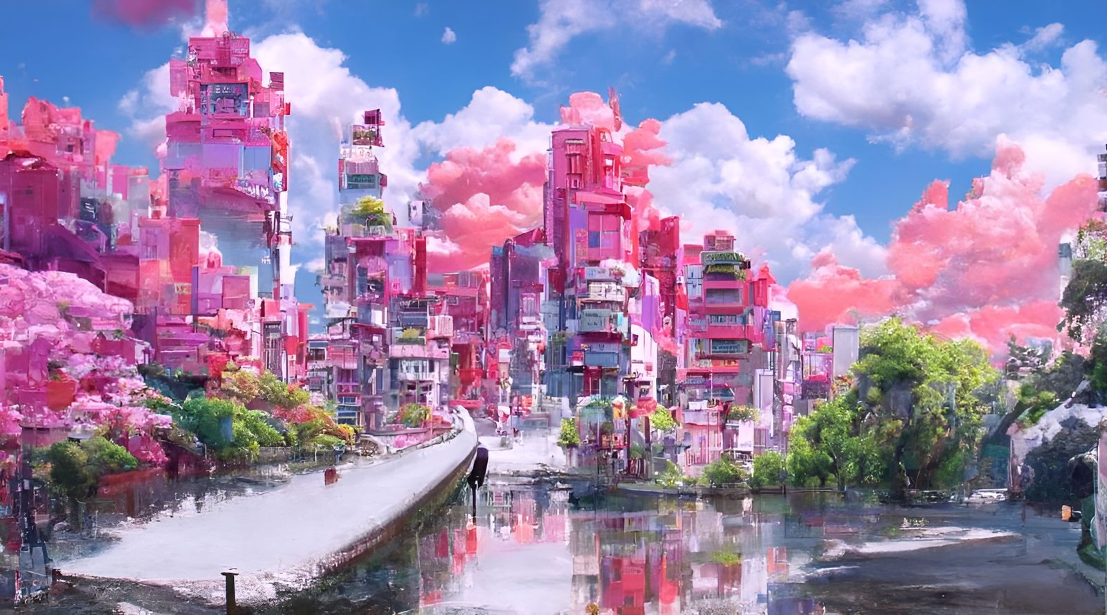 Vibrant Anime Cityscape with Fractal Lights