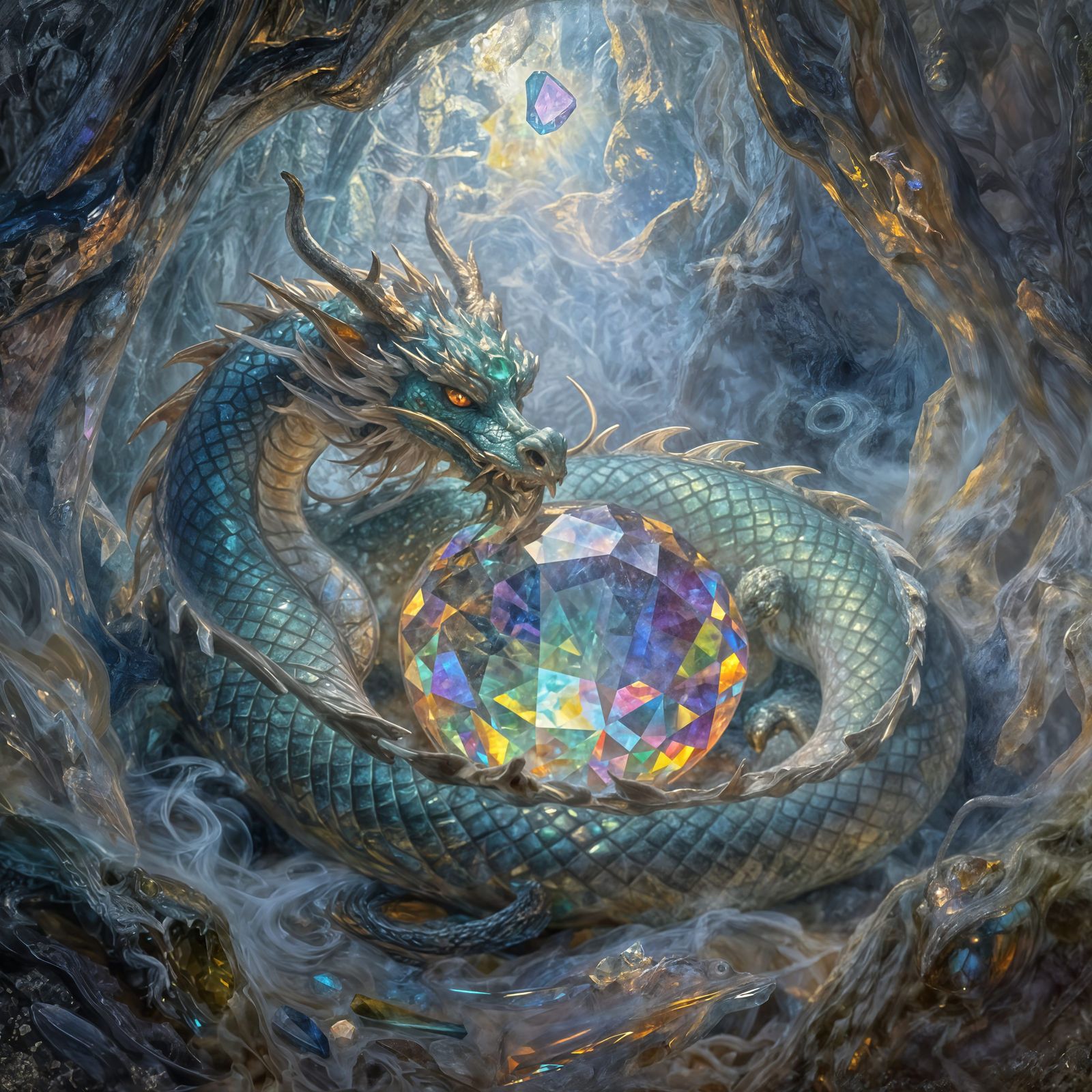 Ancient Dragon Sleeps on Gemstone in Misty Cavern