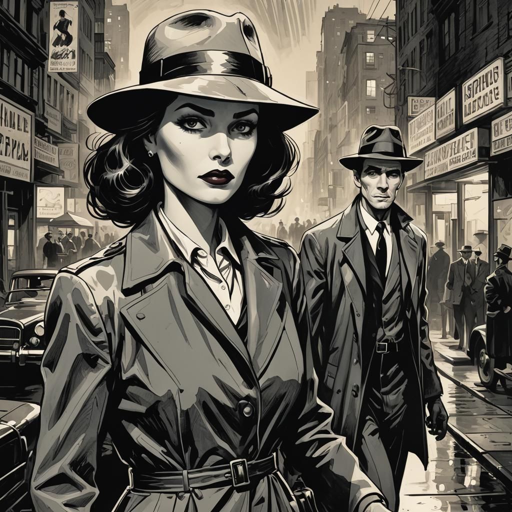 Noir Comic Scene with Detective and Lady