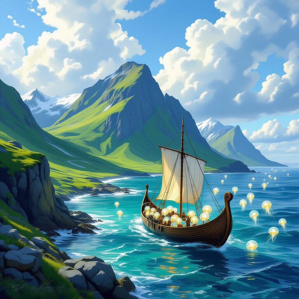 Futuristic Norwegian Island with Glowing Ship, as Landscape ...