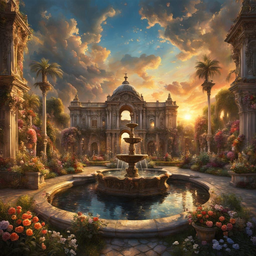 Baroque Garden at Sunset in Impasto Style