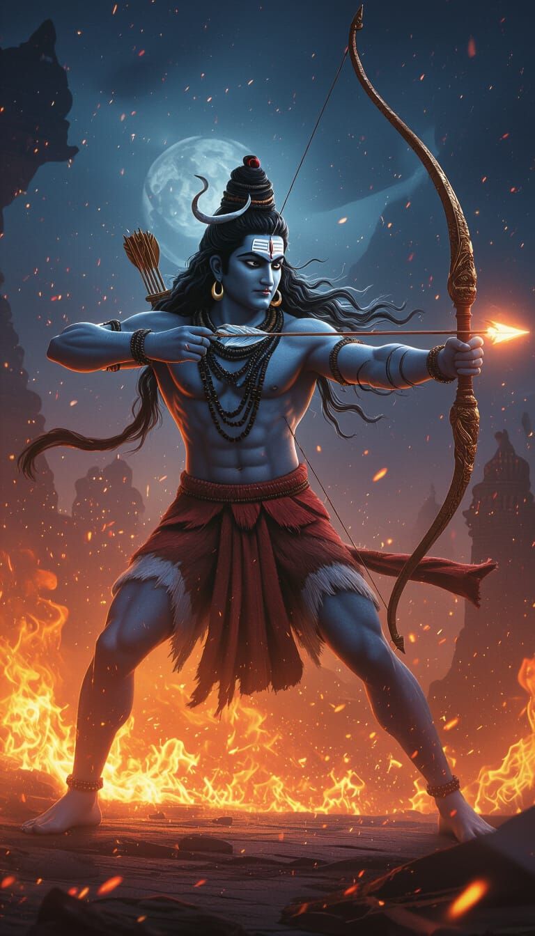Lord Shiva Destroys Tripurasura in Cosmic Night Battle