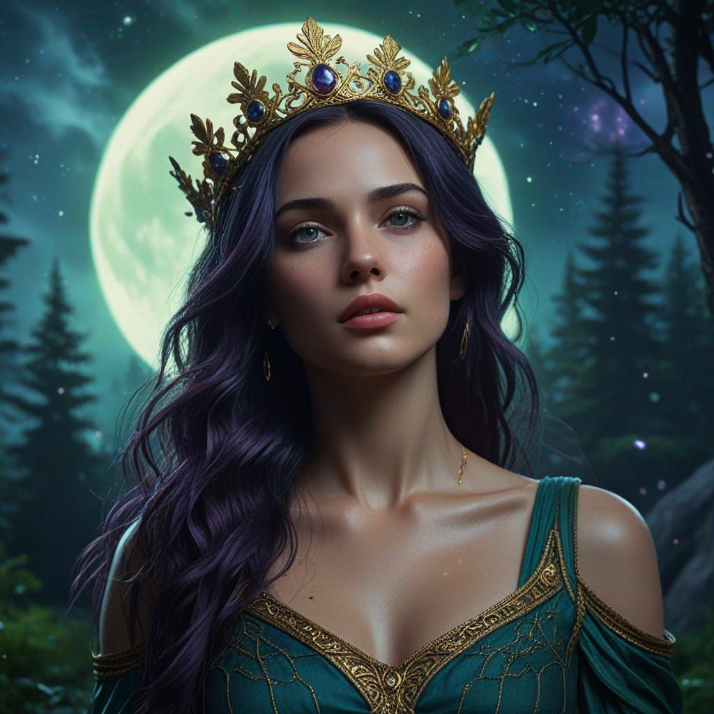Aphrodite in Moonlit Forest: Fantasy Concept Art