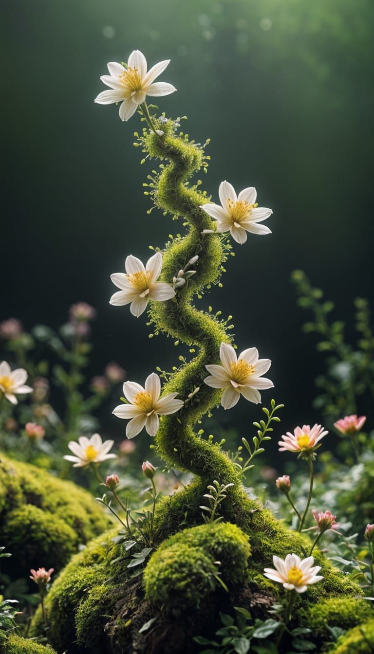 Luxurious Moss DNA Helix in Floral Harmony