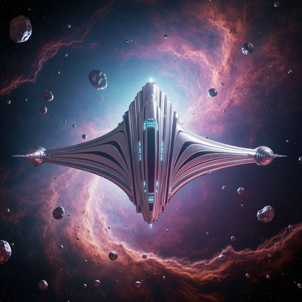 Chrome Spaceship Above Swirling Nebula in Art Deco Synthwave...