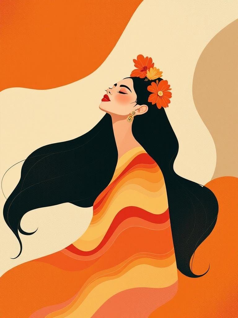 Stylized Woman with Floral Crown in Abstract Setting