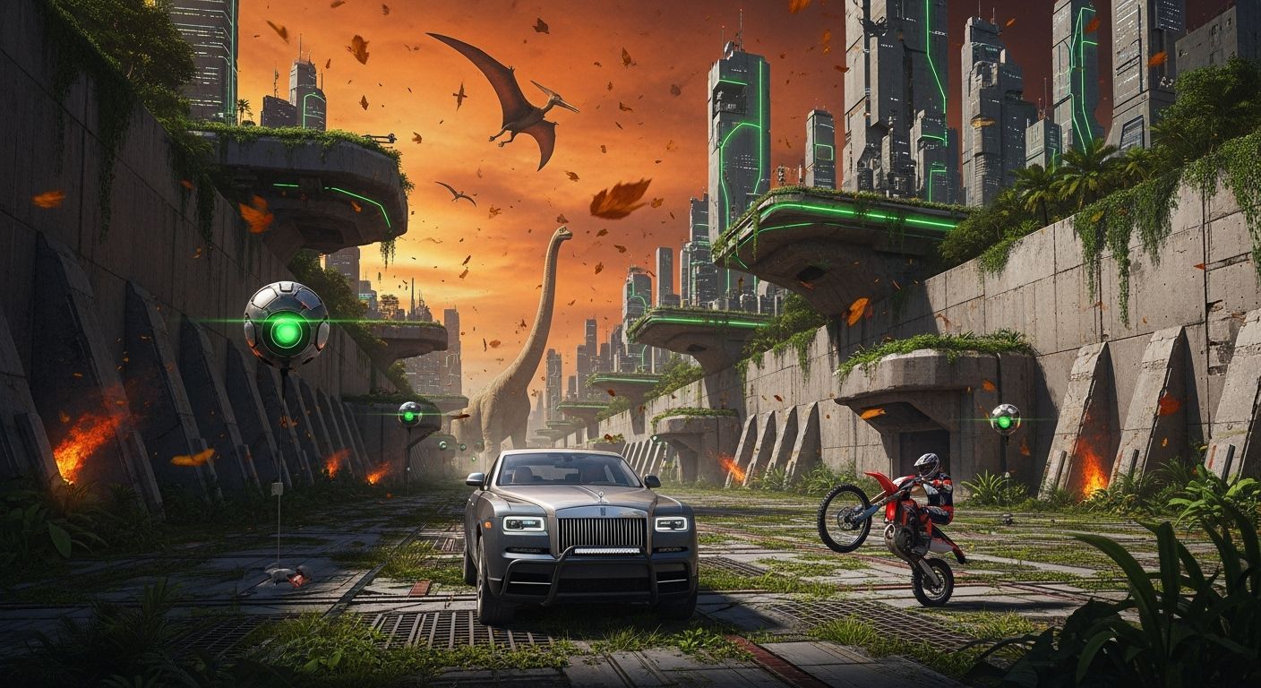 Futuristic Brutalist Cityscape with Jungle Overgrowth