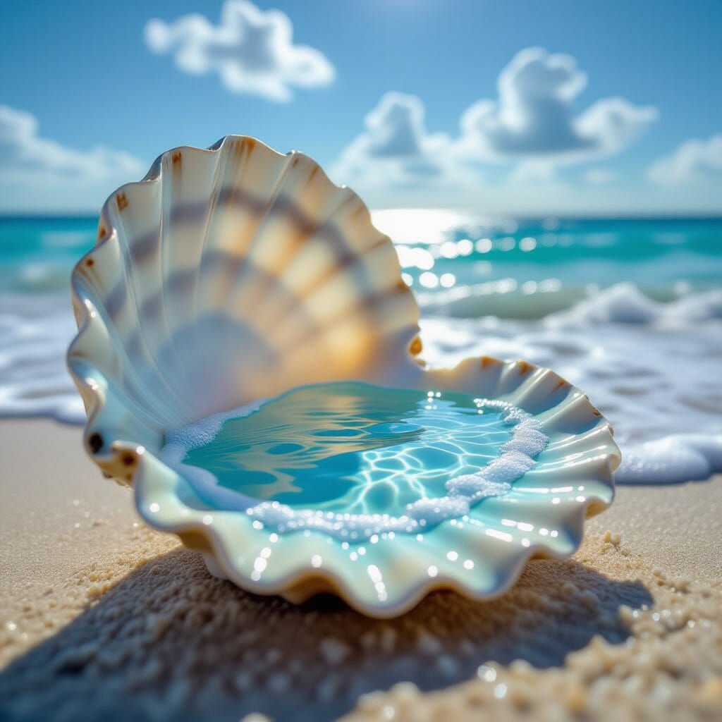 Seashell Cradling Miniature Ocean Reflecting Sky
