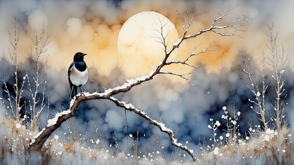 Magpie in Fog: Dreamy Watercolor Painting