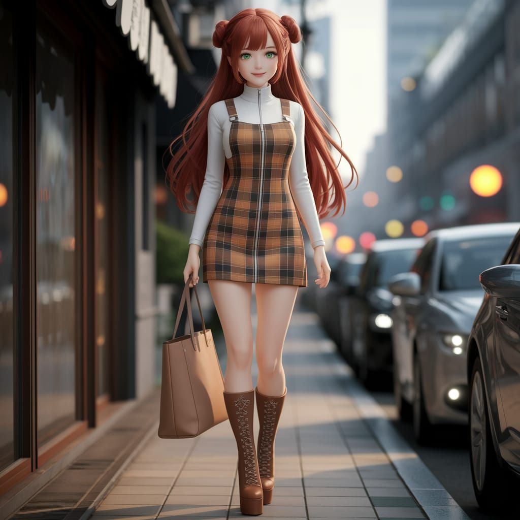 Japanese Woman in Tartan Dress, Anime Key Visual
