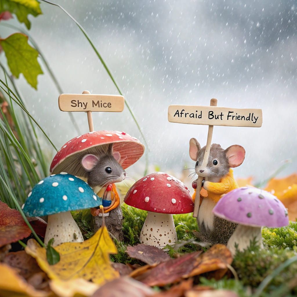 Whimsical Rainy Scene with Shy Mice