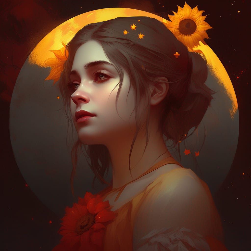 Eerie Gothic Portrait of Sad Woman with Sunflowers
