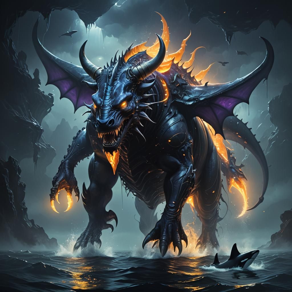 Mystical Bull-Orca-Dragon Hybrid in Dark Fantasy Style