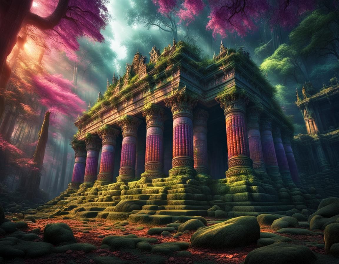 Magical Forest: Ancient Temple with Beasts