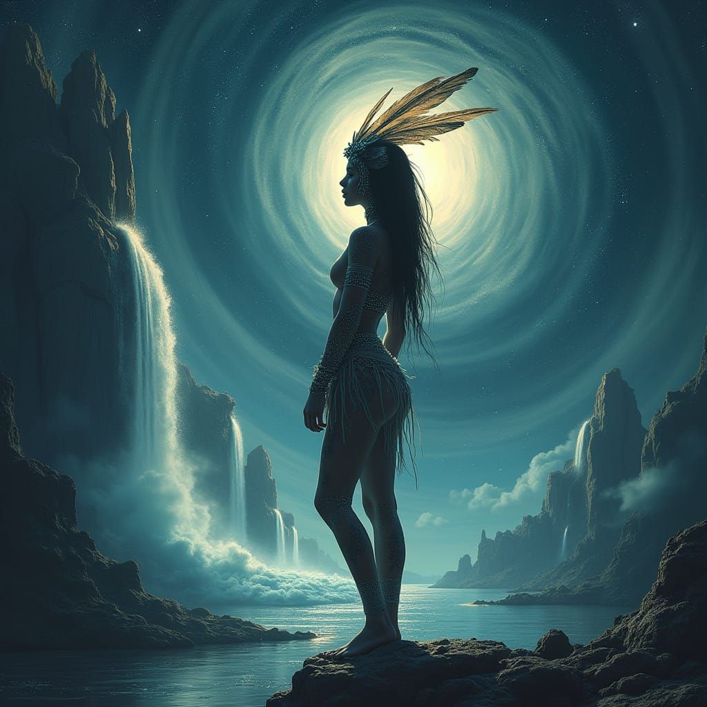 Ethereal Indigenous Woman in Surreal Starry Dreamscape