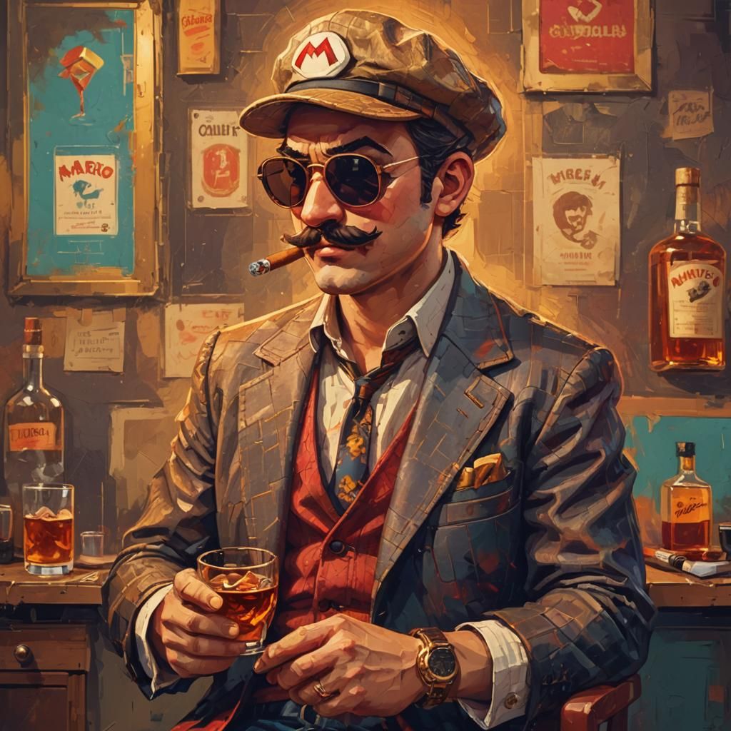 Mario with Cigar and Whiskey: Digital Pixel Art