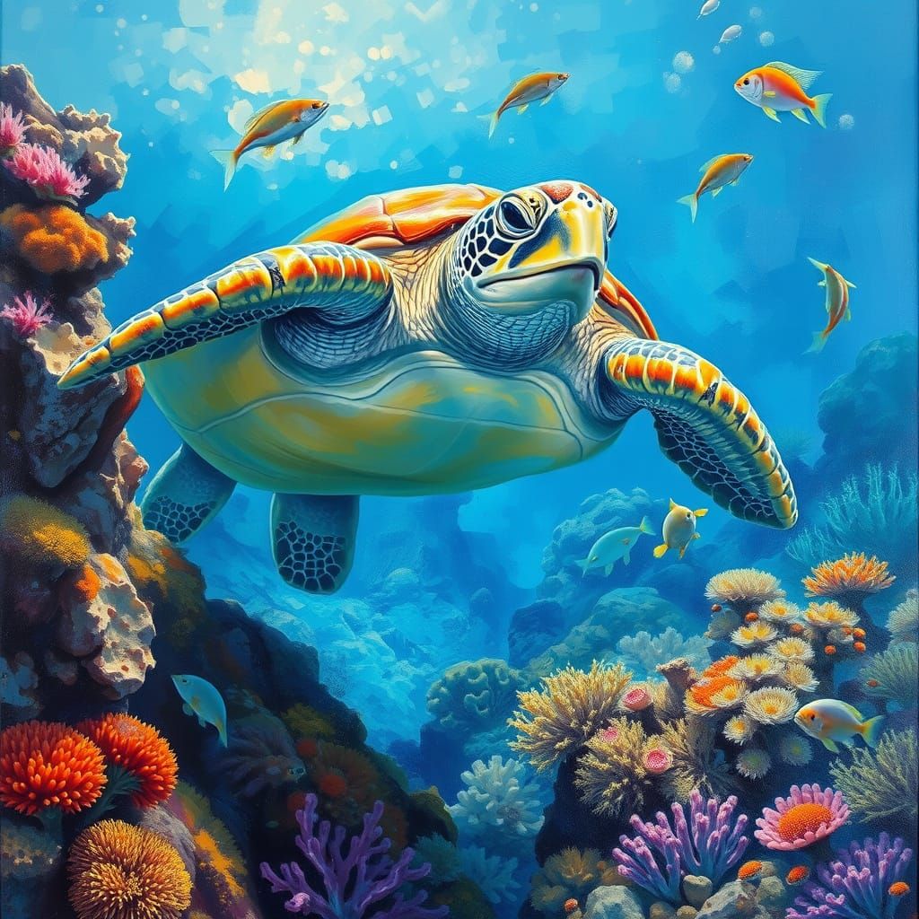 Sea Turtle Amidst Coral: Impressionist Oil Painting