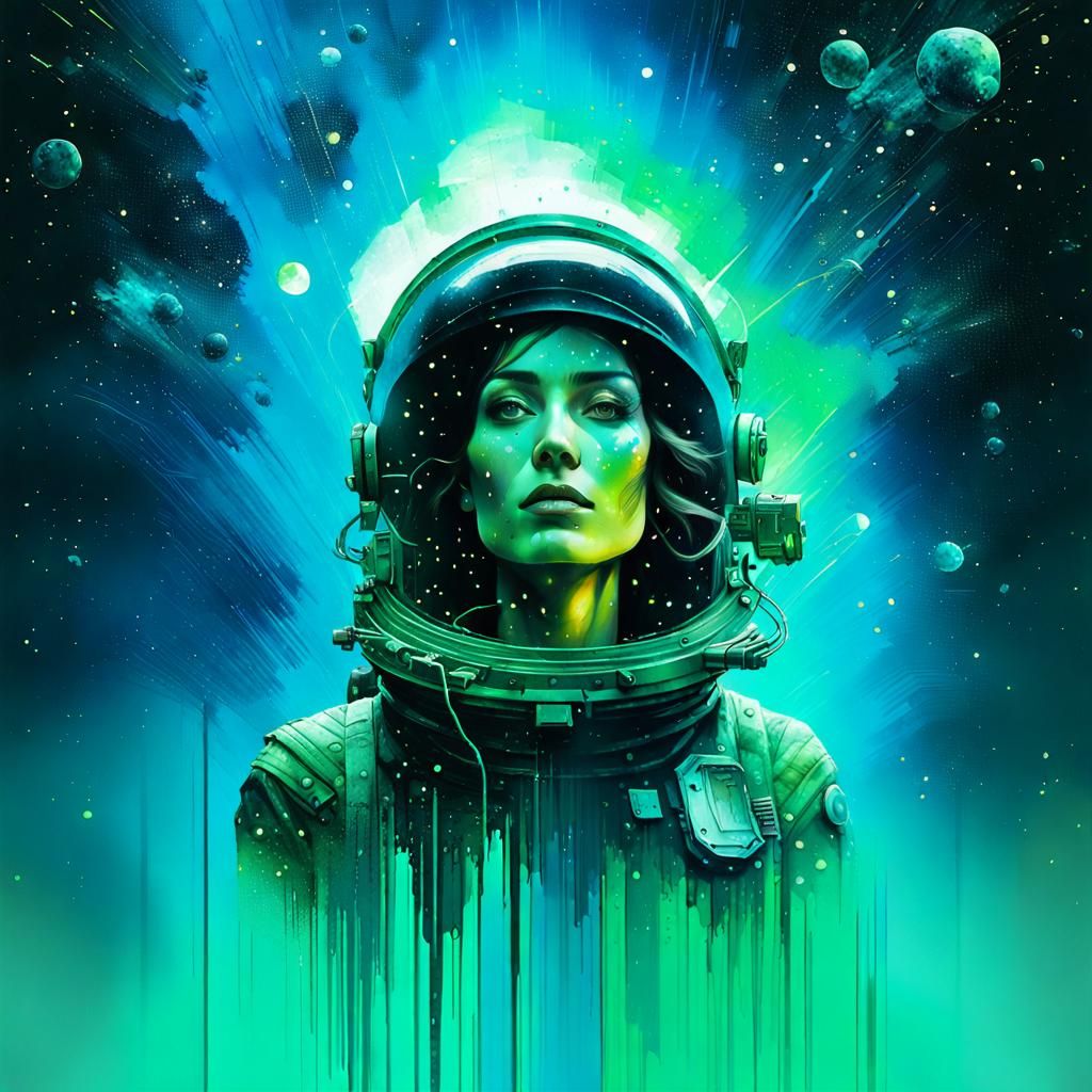 Astronaut in Electric Green Matrix Rain, Digital Art