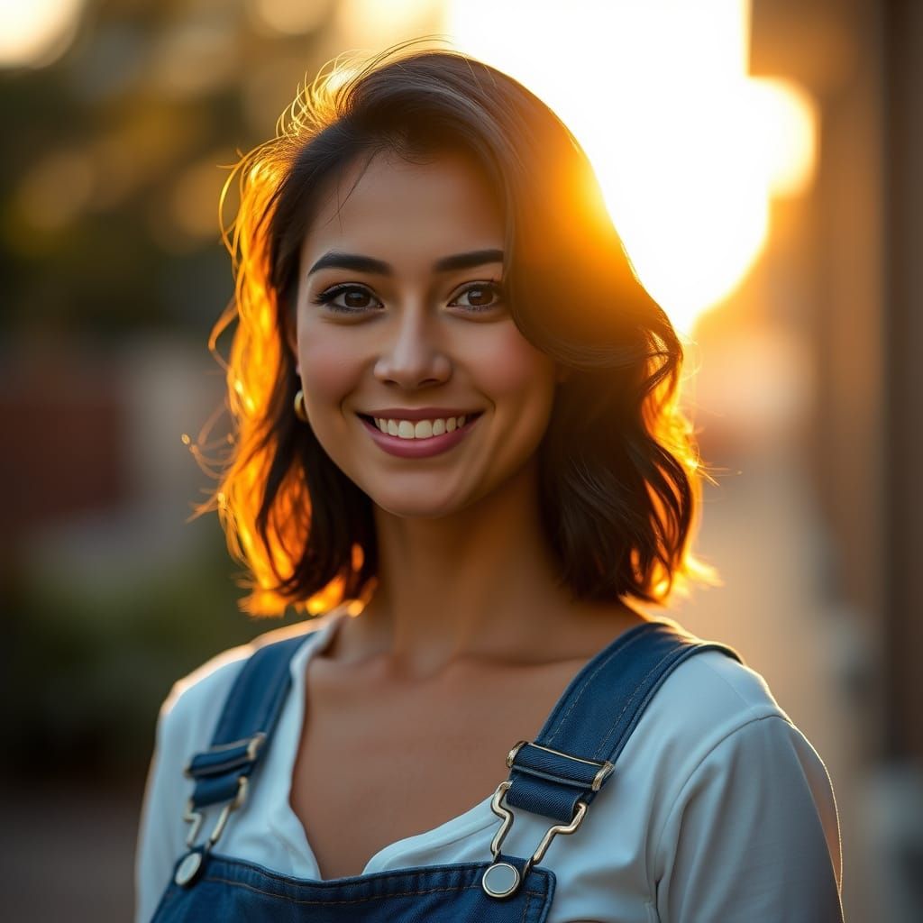 Photorealistic Portrait of Friendly Woman in Blue Overalls