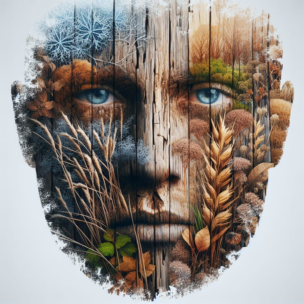 Four Seasons Face in Hyperrealistic Double Exposure