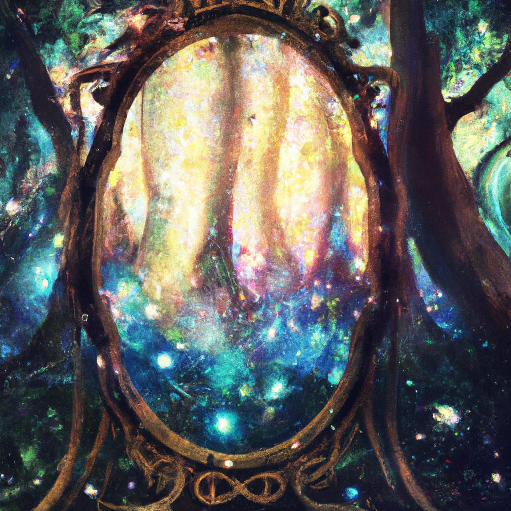 Enchanted Forest Mirror Reflecting Galaxy in Watercolor Styl...
