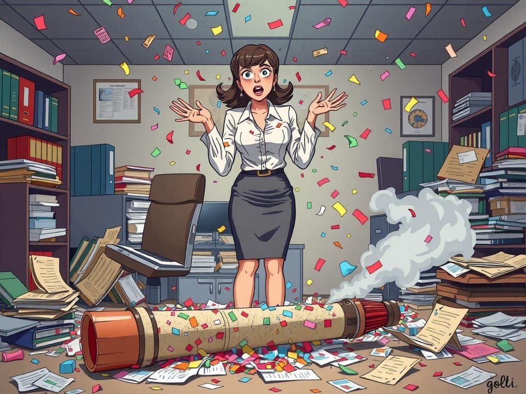 Businesswoman Amidst Confetti Chaos in a Smoldering Office