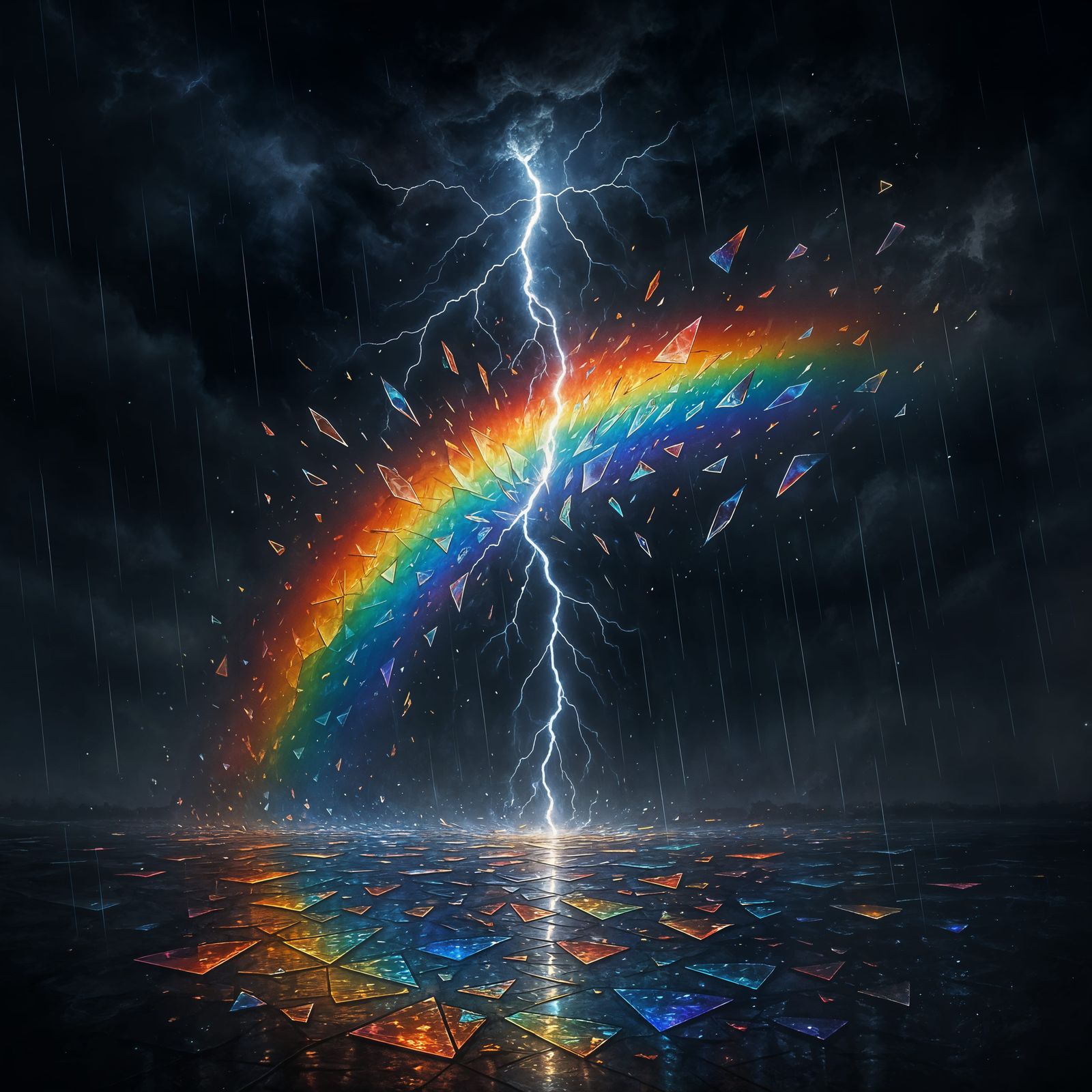 Surreal Stormy Sky: Lightning Shatters Rainbow