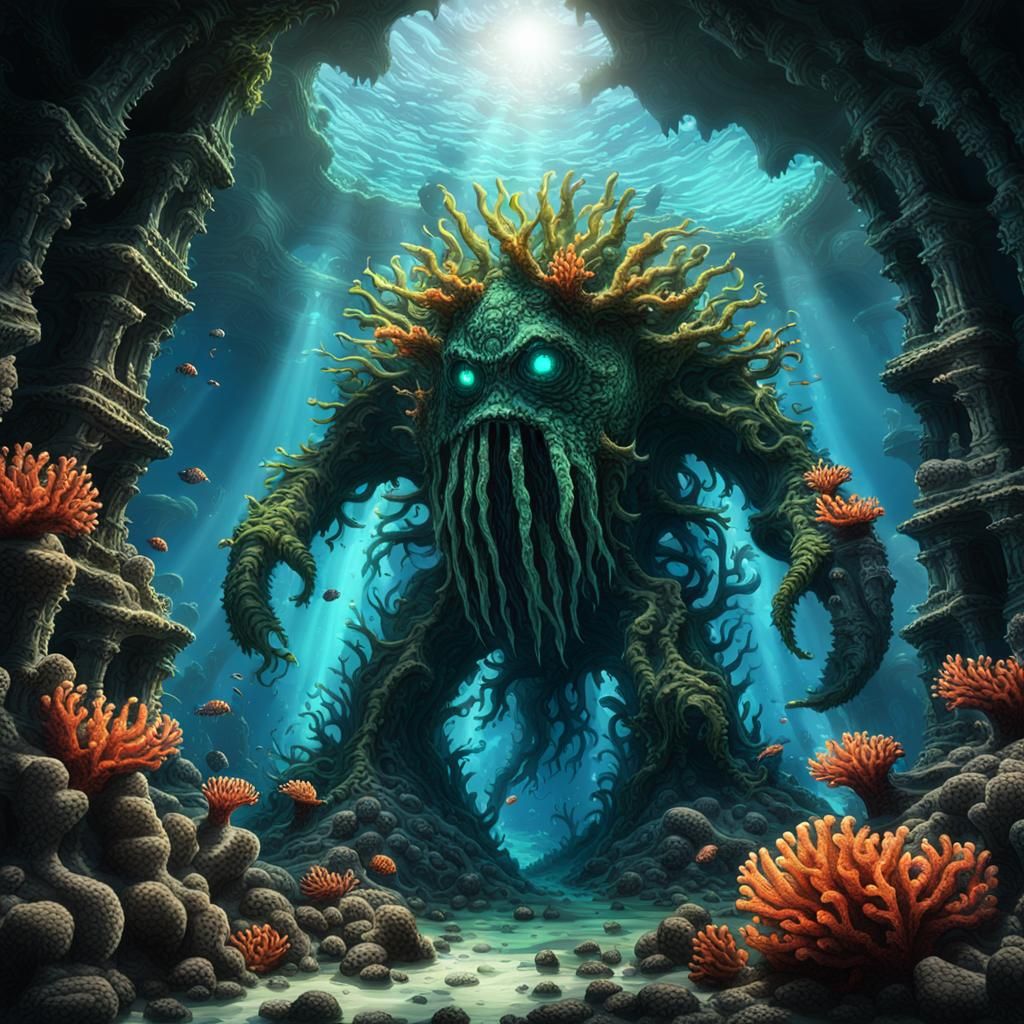 Coral Monster Smashing Underwater Ruins: Cinematic Matte Pai...