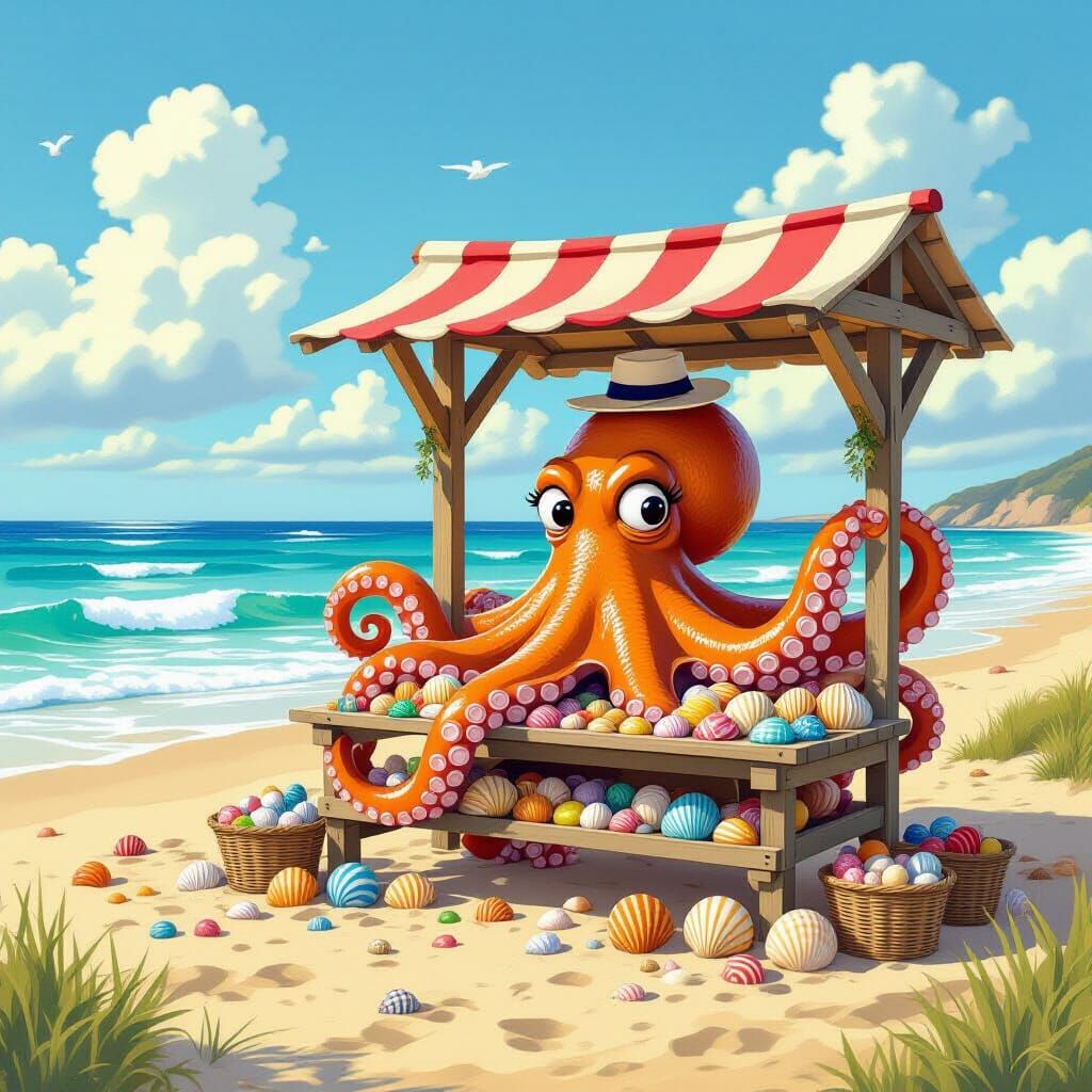 Friendly Octopus Arranges Seashell Stand on Beach