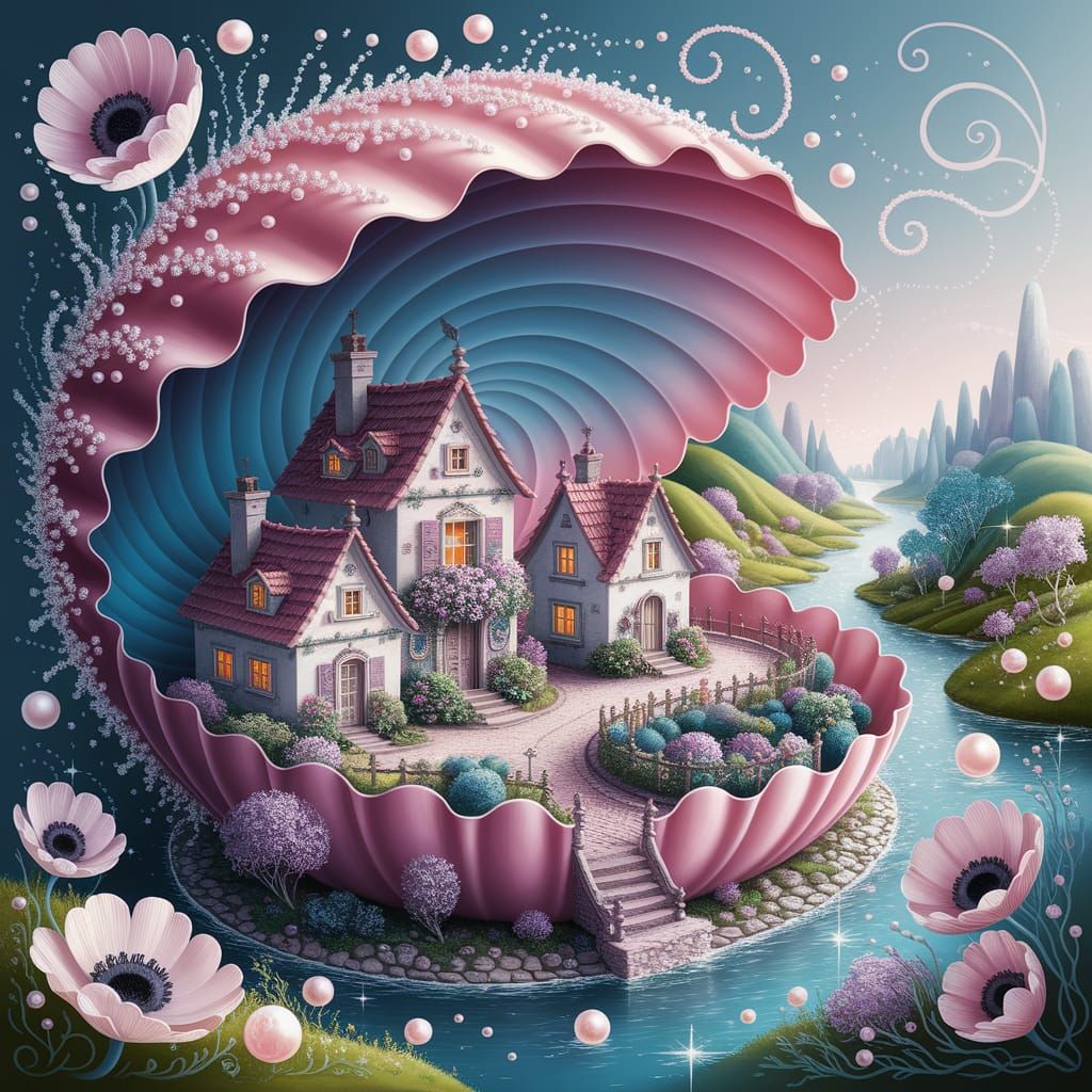 Whimsical Seashell Village in Soft Pastel Colors