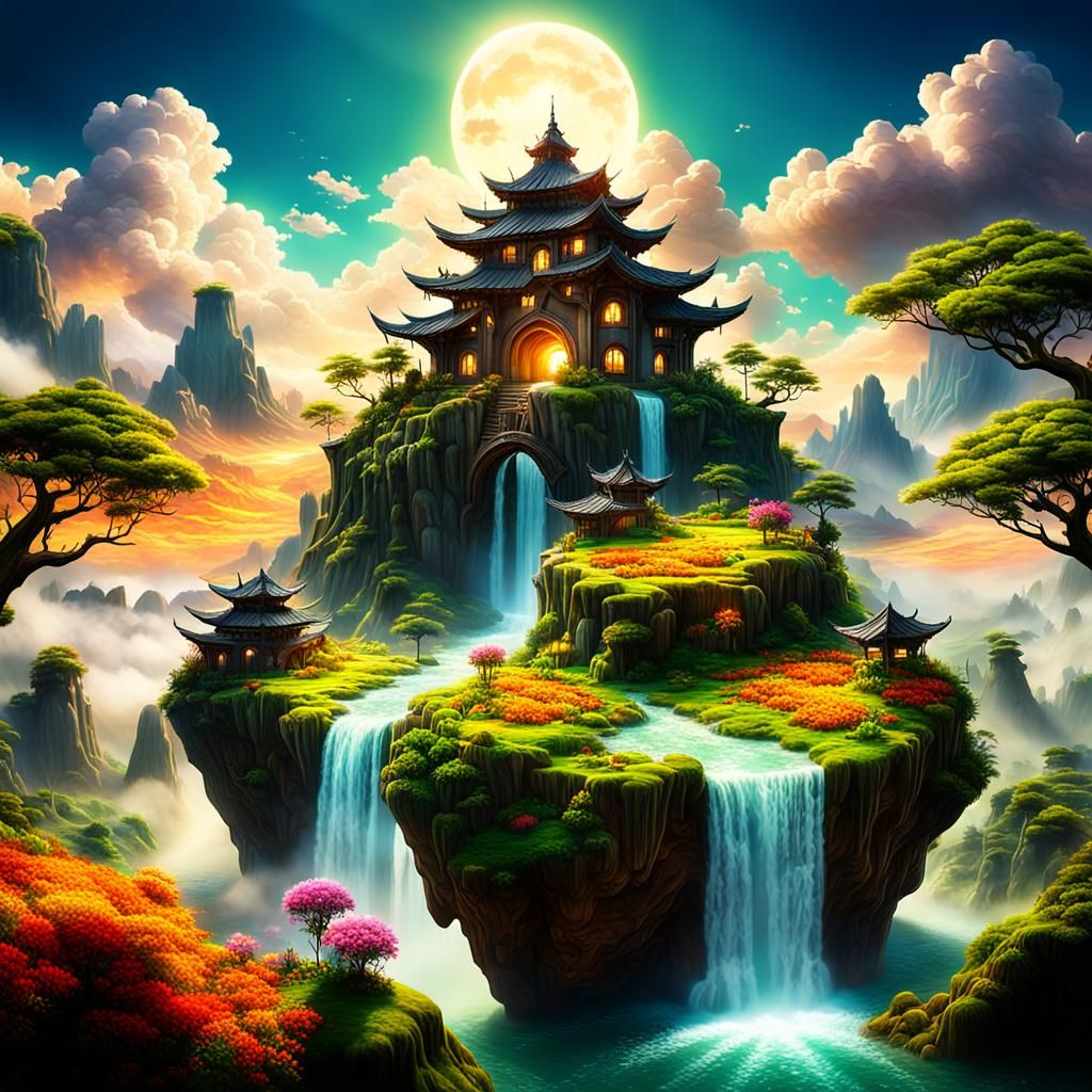 Mystical Floating Islands in Fantasy Landscape Painting