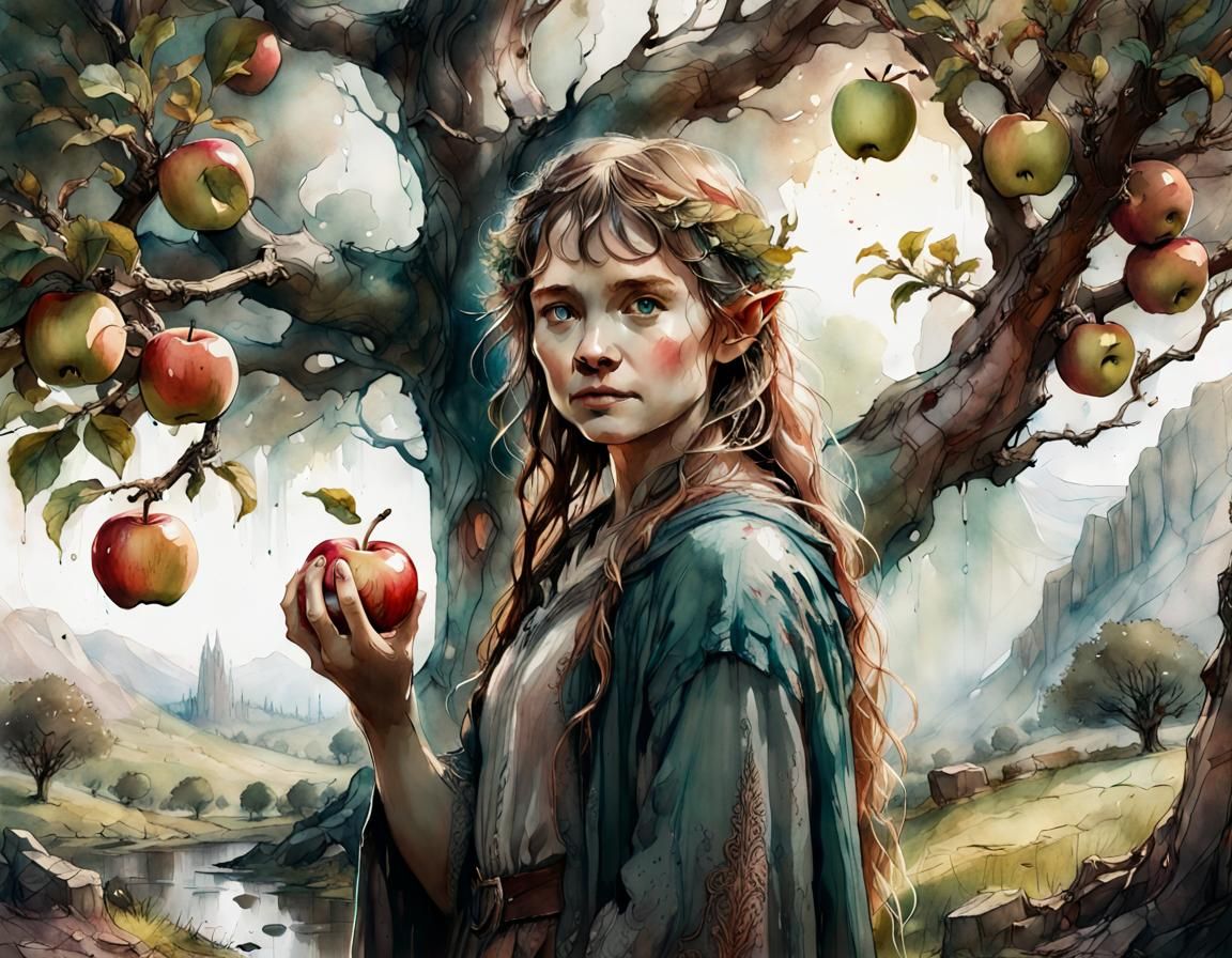 Hobbit with Apple Tree: Stylized Watercolor Art