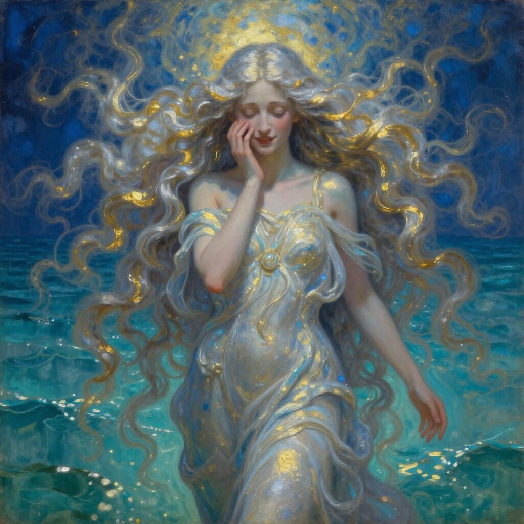 Goddess of Silence on Turquoise Ocean in Surrealist Style