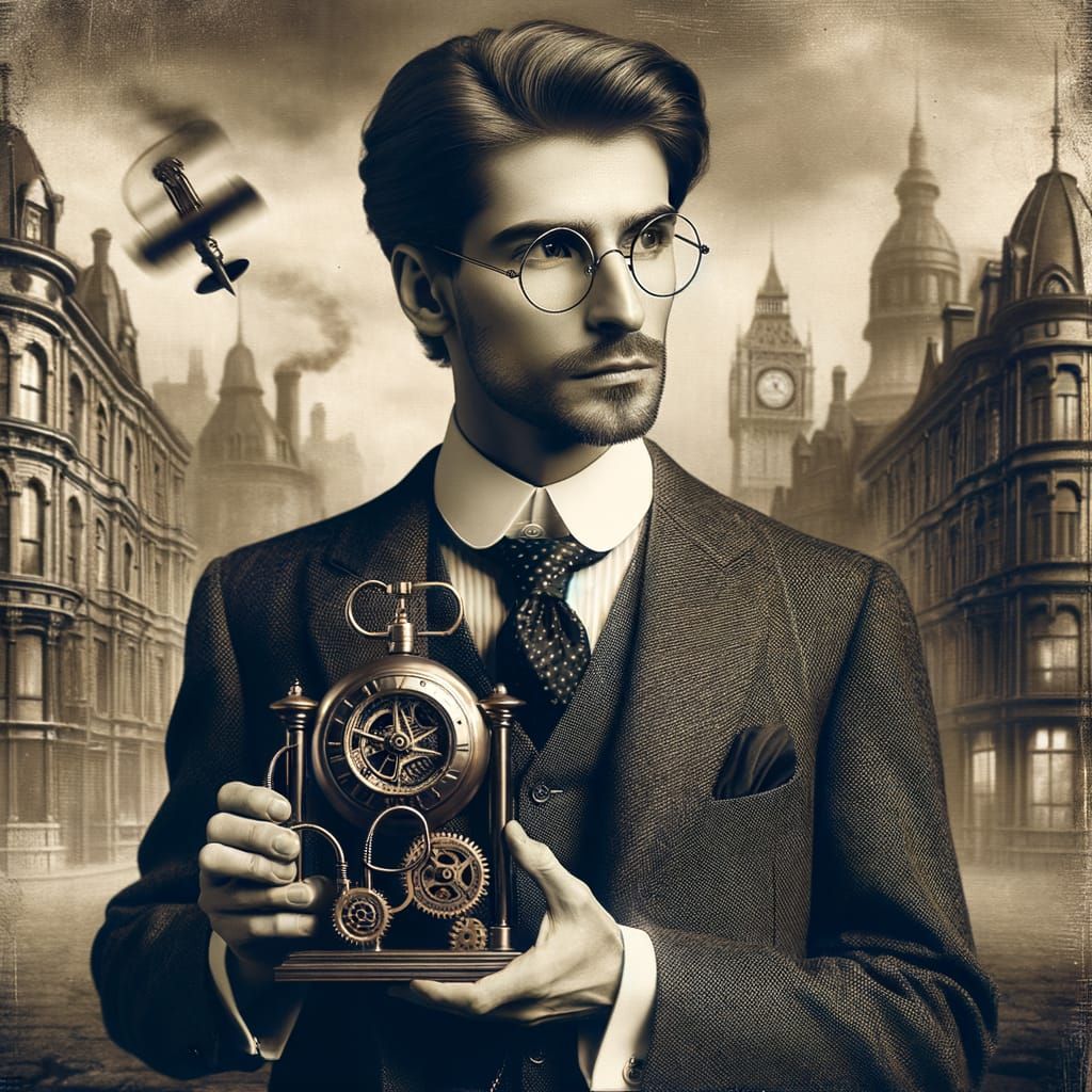 Man with Time Device in Sepia Steampunk City