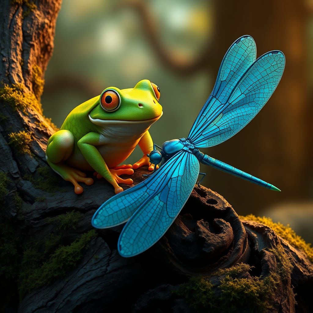 Frog Devours Iridescent Dragonfly in Mystical Forest
