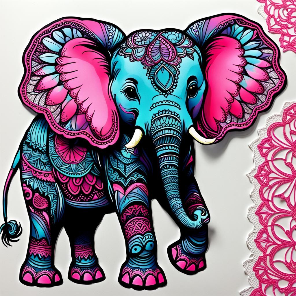 Neon Zentangle Elephant with Pink Lace Details