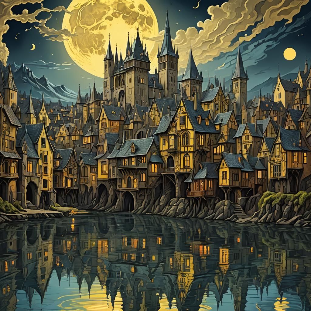 Gloomy Gothic City Reflected in Lake at Night