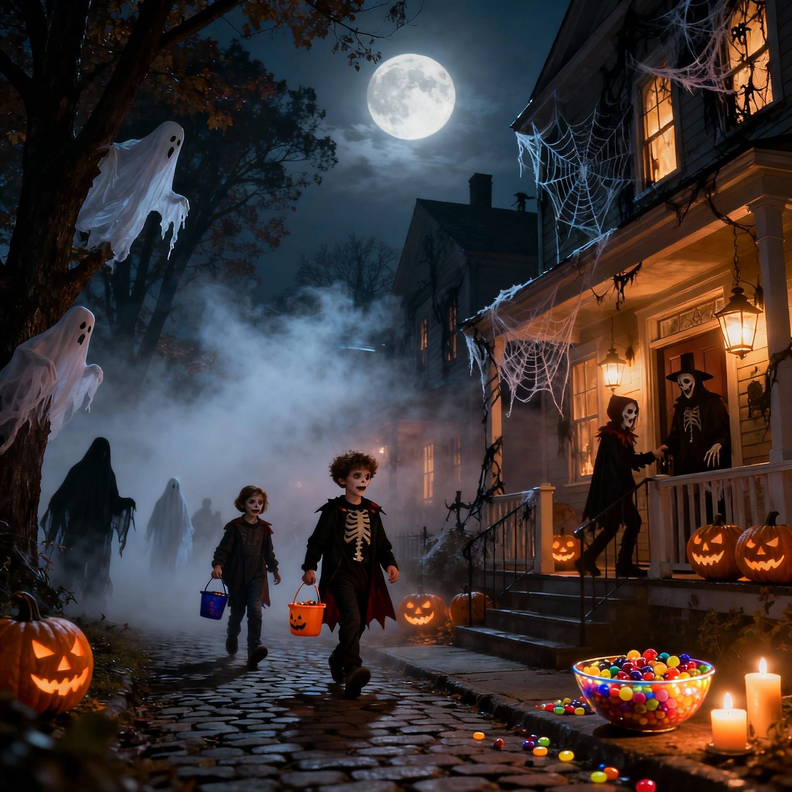 Spooky Halloween Night Trick-or-Treating Scene