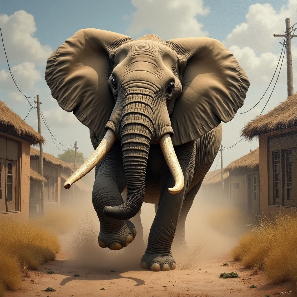 African Elephant Rampage in Hyperrealistic Oil Painting