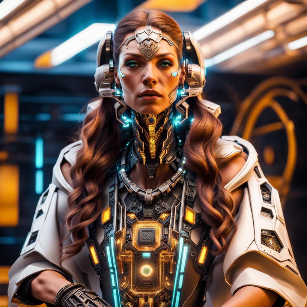 Futuristic Cyborg with Fractal Circuitry and Jewelry