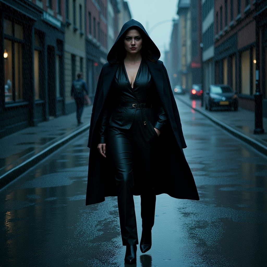 Rainy Street Scene of Woman in Elegant Raincoat