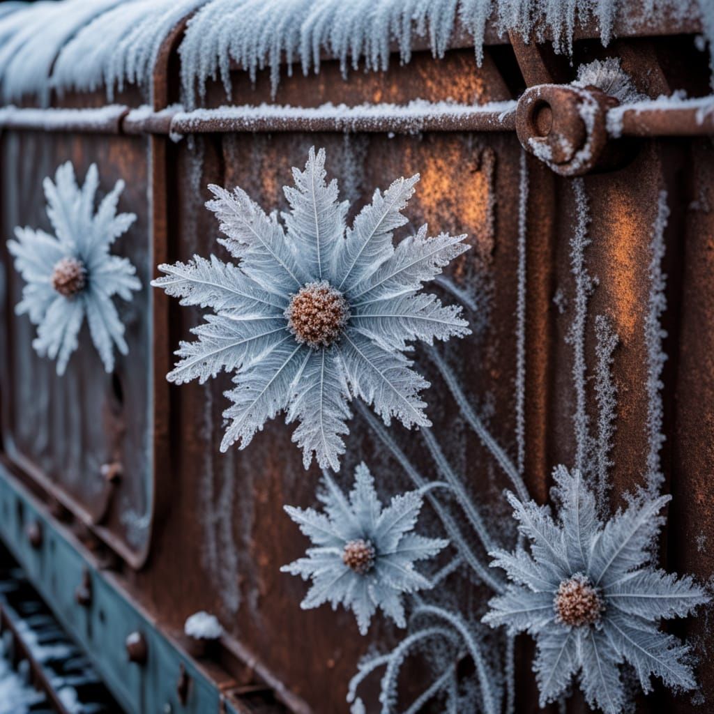 Surreal Ice Flowers Bloom on Frozen Train Car