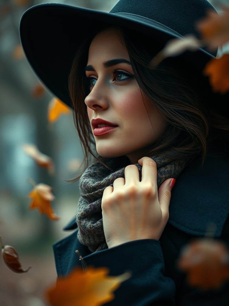 Elegant Autumn Enchantress Amidst Whirling Leaves