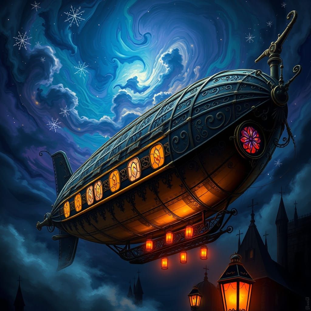 Majestic Raven Airship Soars Through Twilight Sky