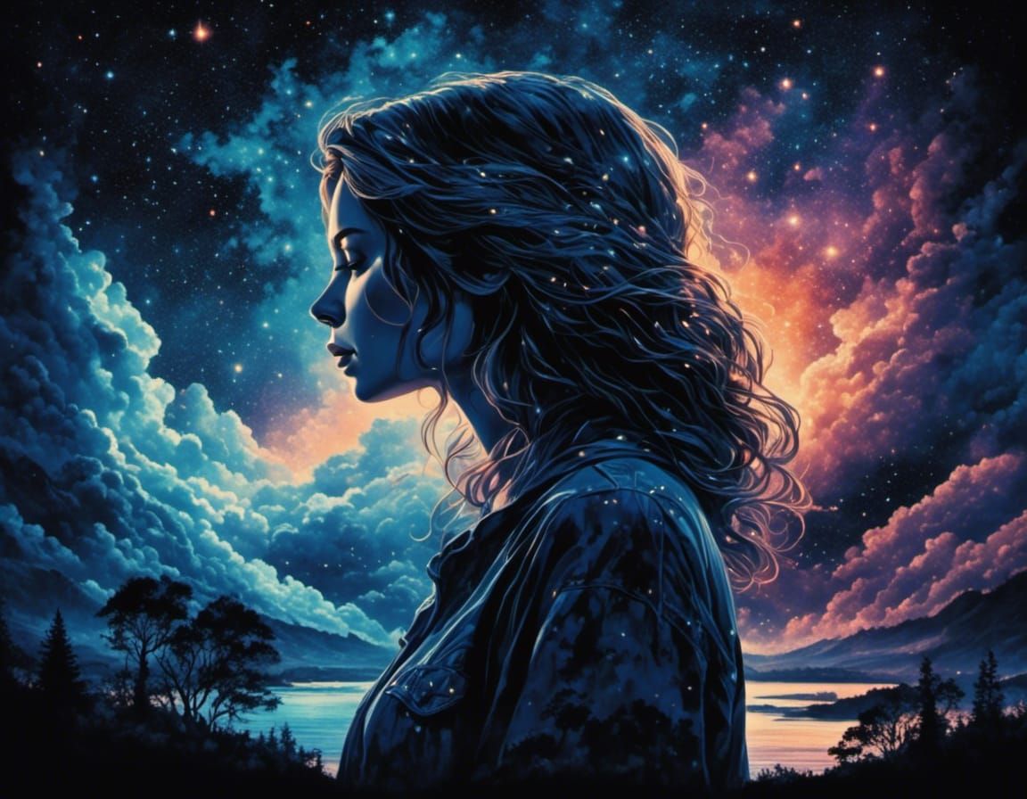 Melancholic Woman Double Exposure in Watercolor Style